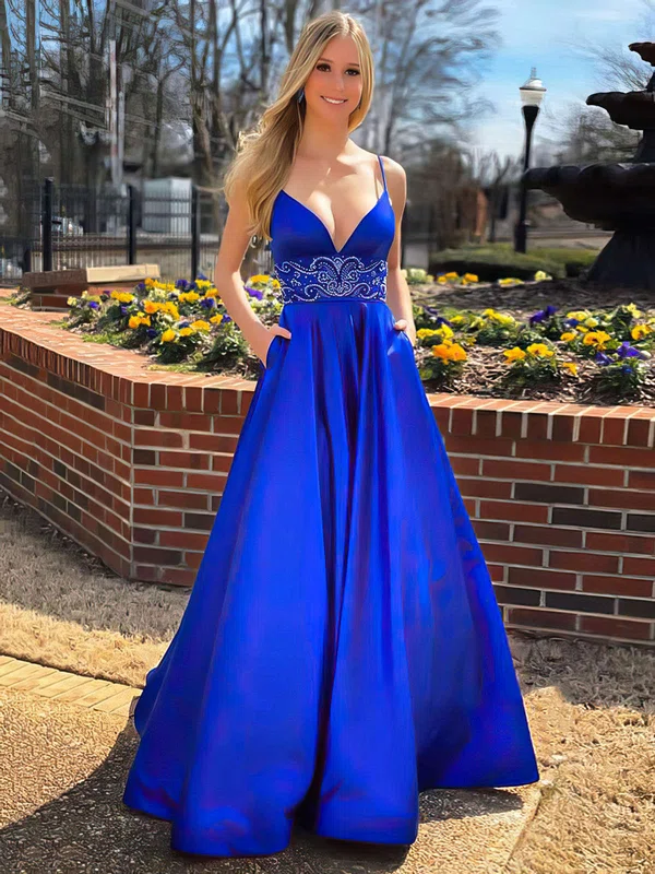 A-line V-neck Satin Sweep Train Beading Prom Dresses #Milly020106890