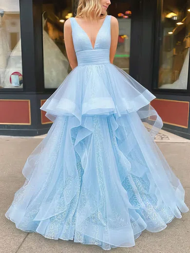 Ball Gown Princess Floor length V neck Tulle Glitter Tiered Prom Dresses millybridal