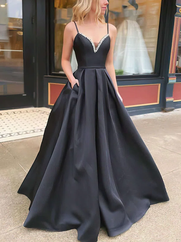 Ball Gown/Princess Floor-length V-neck Satin Beading Prom Dresses #Milly020106926