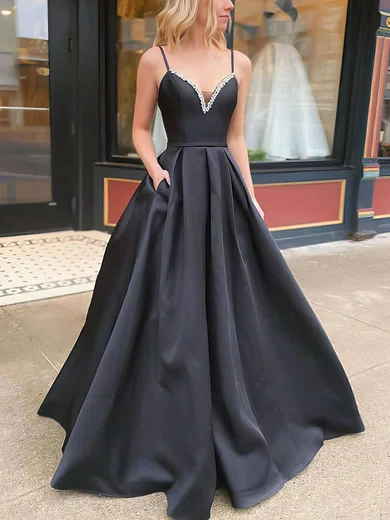 Black Ball Gown V-neck Floor-length Satin Prom Dresses With Beading #Milly020106926