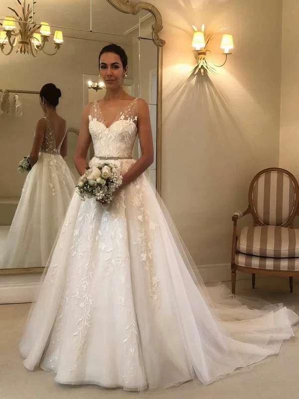 Ball Gown V-neck Tulle Sweep Train Beading Wedding Dresses #Milly00023574