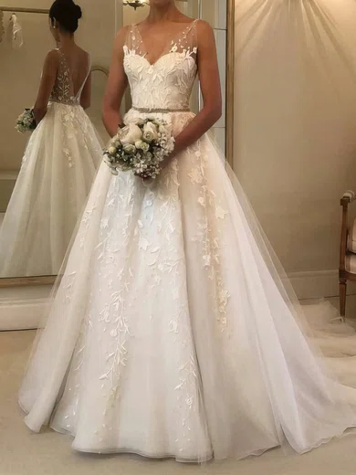 Ball Gown/Princess V-neck Tulle Sweep Train Wedding Dresses With Beading #Milly00023574