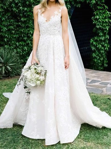 Ball Gown/Princess Illusion Lace Sweep Train Wedding Dresses With Pockets #Milly00023575