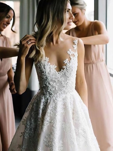 Ball Gown Illusion Lace Sweep Train Wedding Dresses With Pockets #Milly00023575