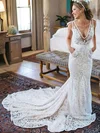 Trumpet/Mermaid V-neck Lace Court Train Wedding Dresses With Pockets #Milly00023577