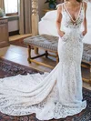 Trumpet/Mermaid V-neck Lace Court Train Wedding Dresses With Pockets #Milly00023577