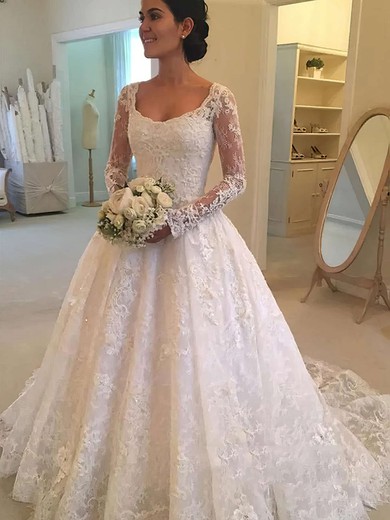Ball Gown Square Neckline Lace Sweep Train Wedding Dresses With Appliques Lace #Milly00023580