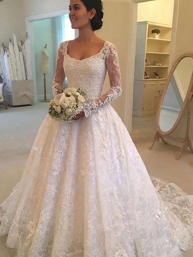 Ball Gown Square Neckline Lace Sweep Train Appliques Lace Wedding Dresses #Milly00023580