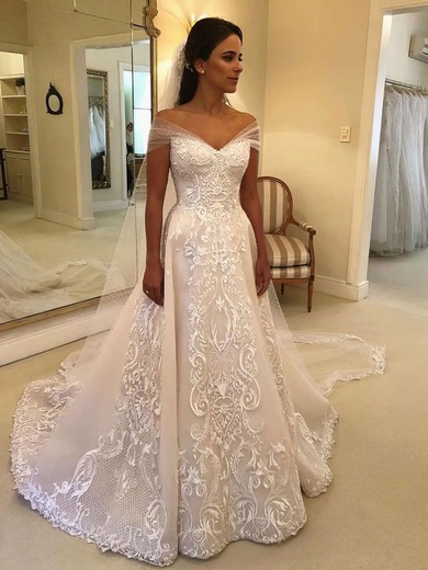 Ball Gown Off-the-shoulder Tulle Sweep Train Wedding Dresses With Appliques Lace #Milly00023581