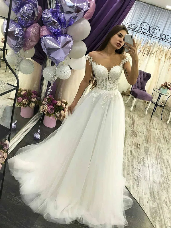 Ball Gown Illusion Tulle Floor-length Wedding Dresses With Appliques Lace #Milly00023582