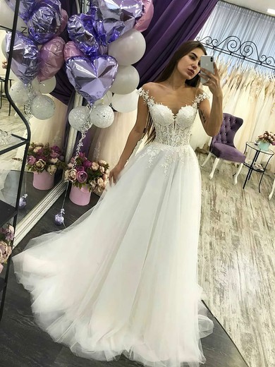 A-line Scoop Neck Tulle Floor-length Appliques Lace Wedding Dresses #Milly00023582