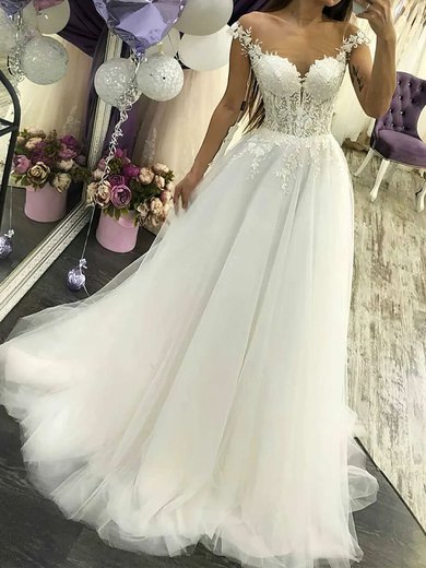 Ball Gown/Princess Illusion Tulle Floor-length Wedding Dresses With Appliques Lace #Milly00023582