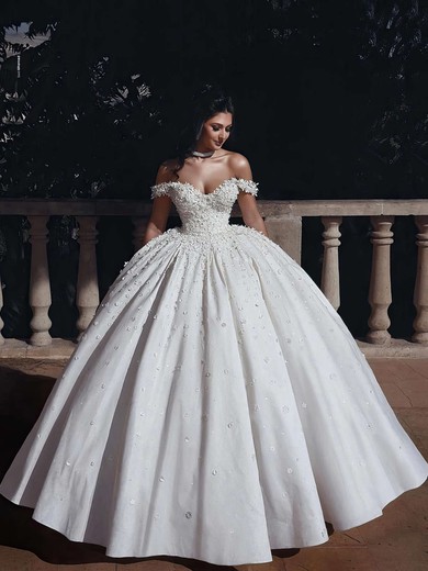 Ball Gown Off-the-shoulder Satin Floor-length Wedding Dresses With Flower(s) #Milly00023583