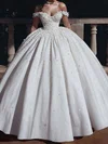 Ball Gown Off-the-shoulder Satin Floor-length Wedding Dresses With Flower(s) #Milly00023583