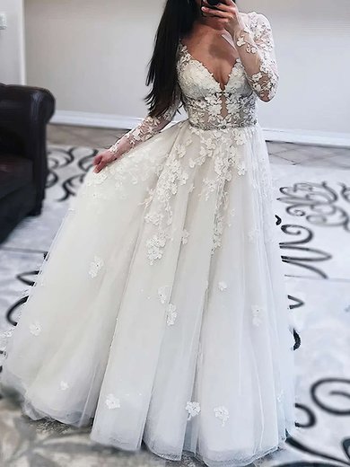 Ball Gown/Princess V-neck Tulle Floor-length Wedding Dresses With Beading #Milly00023584