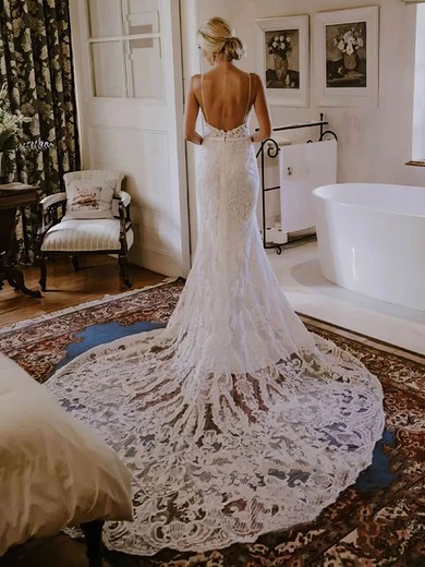 Trumpet/Mermaid Sweetheart Lace Court Train Wedding Dresses With Sashes / Ribbons #Milly00023585