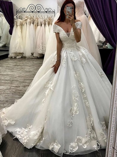 Ball Gown Off-the-shoulder Organza Court Train Wedding Dresses With Appliques Lace #Milly00023587