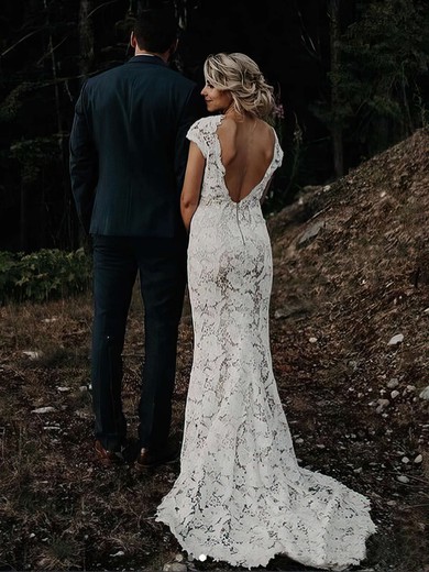 Trumpet/Mermaid V-neck Lace Sweep Train Wedding Dresses #Milly00023590