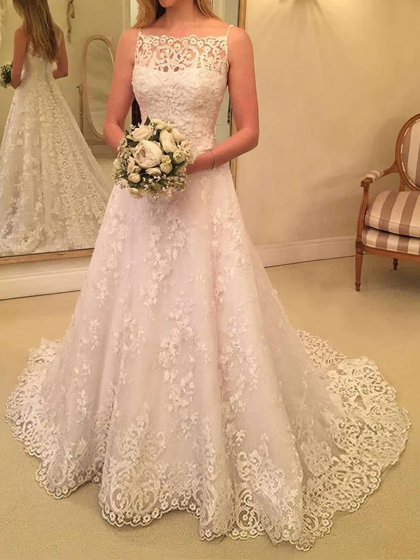 Ball Gown/Princess Square Neckline Tulle Sweep Train Wedding Dresses With Appliques Lace #Milly00023591