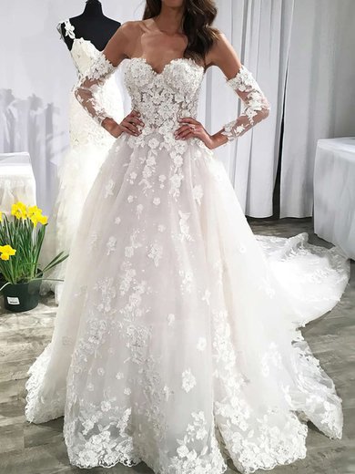 Ball Gown/Princess Sweetheart Tulle Court Train Wedding Dresses With Appliques Lace #Milly00023593