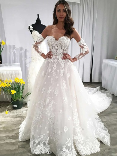 Ball Gown Off-the-shoulder Tulle Court Train Appliques Lace Wedding Dresses #Milly00023593