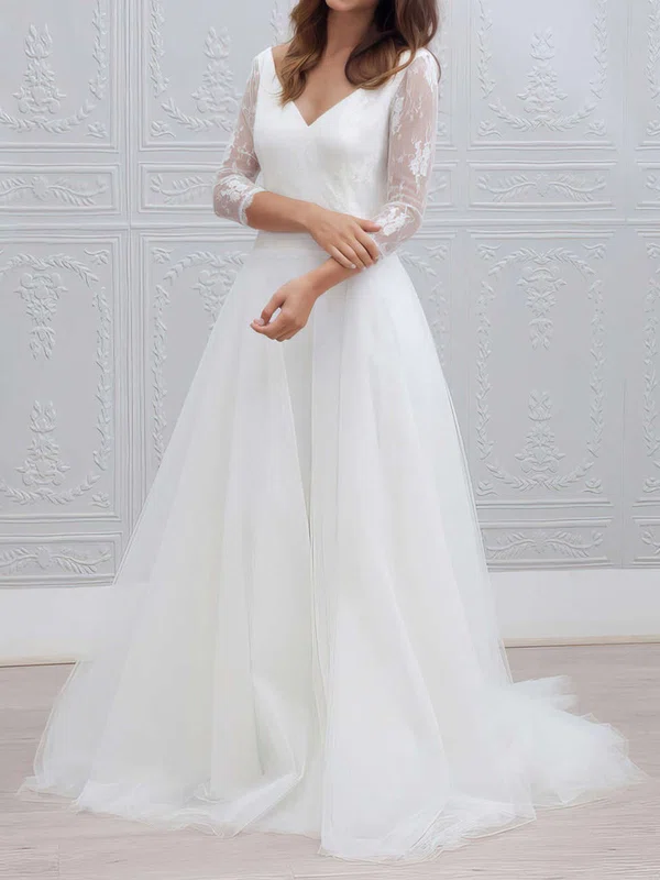 Ball Gown V-neck Lace Tulle Sweep Train Wedding Dresses #Milly00023595