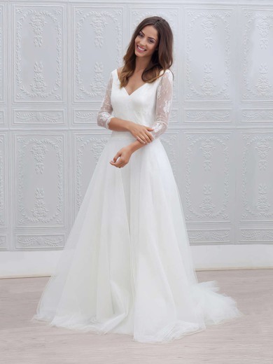 Ball Gown V-neck Lace Tulle Sweep Train Wedding Dresses #Milly00023595