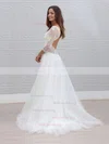 A-line V-neck Lace Tulle Sweep Train Wedding Dresses #Milly00023595