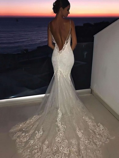 Trumpet/Mermaid V-neck Tulle Sweep Train Appliques Lace Wedding Dresses #Milly00023596