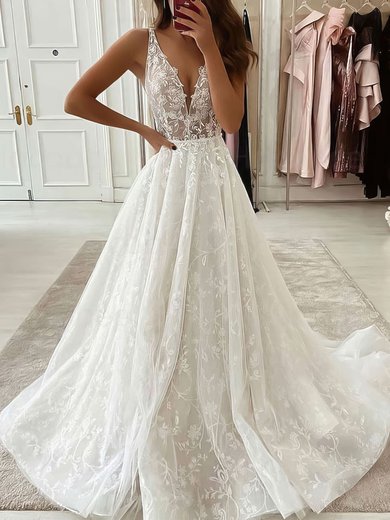 Ball Gown/Princess V-neck Tulle Sweep Train Wedding Dresses With Appliques Lace #Milly00023604