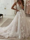 Ball Gown/Princess V-neck Tulle Sweep Train Wedding Dresses With Appliques Lace #Milly00023608