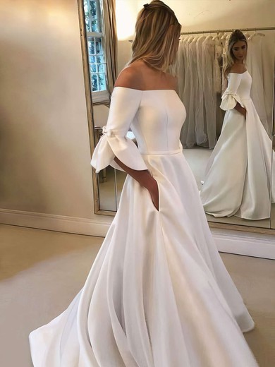 Ball Gown Off-the-shoulder Satin Sweep Train Wedding Dresses With Bow #Milly00023609