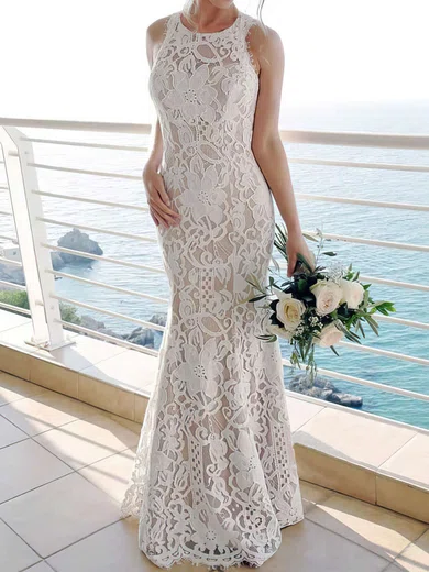 Trumpet/Mermaid Scoop Neck Lace Floor-length Wedding Dresses #Milly00023611