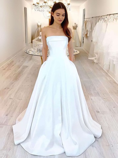 Ball Gown Straight Satin Sweep Train Wedding Dresses With Pockets #Milly00023617