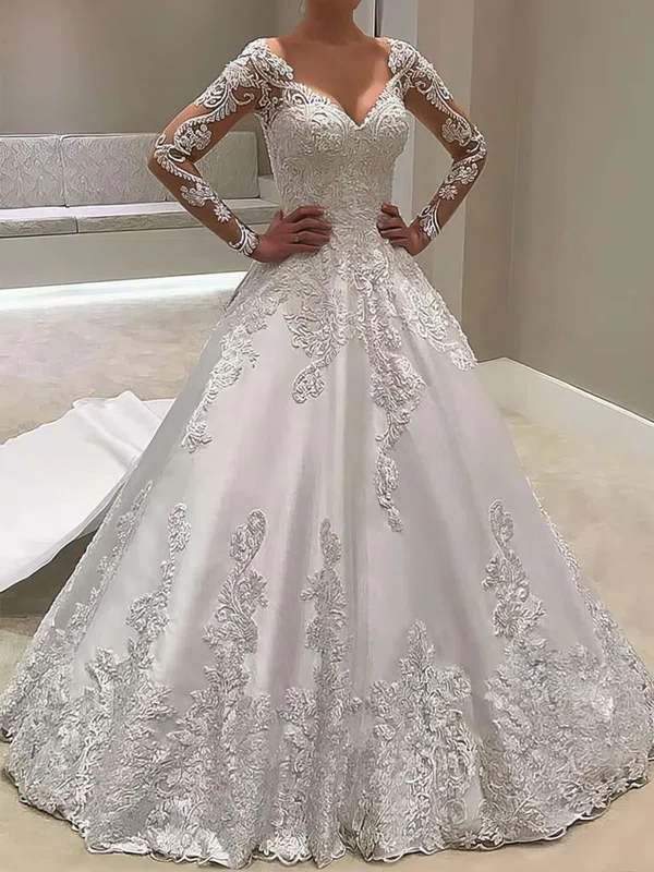 Ball Gown/Princess V-neck Satin Court Train Wedding Dresses With Appliques Lace #Milly00023618