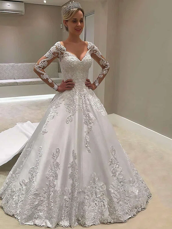 Ball Gown V-neck Satin Court Train Wedding Dresses With Appliques Lace #Milly00023618