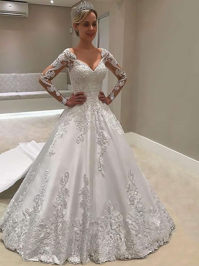 Ball Gown V-neck Satin Detachable Appliques Lace Wedding Dresses #Milly00023618