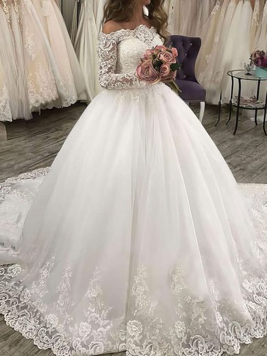 Ball Gown/Princess Off-the-shoulder Tulle Court Train Wedding Dresses With Appliques Lace #Milly00023619