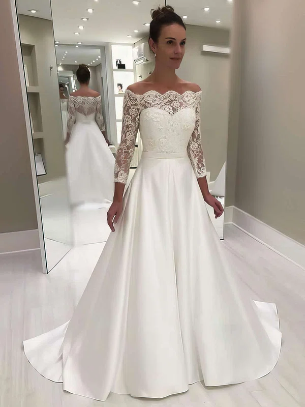 A-line Off-the-shoulder Satin Sweep Train Appliques Lace Wedding Dresses #Milly00023620