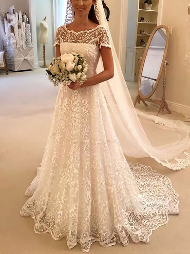 A-line Scoop Neck Lace Sweep Train Appliques Lace Wedding Dresses #Milly00023621