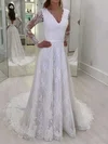 A-line V-neck Lace Sweep Train Wedding Dresses With Sashes / Ribbons #Milly00023622