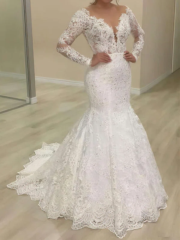 Trumpet/Mermaid Illusion Lace Sweep Train Wedding Dresses With Appliques Lace #Milly00023623