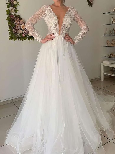 Ball Gown Illusion Tulle Court Train Wedding Dresses With Appliques Lace #Milly00023624