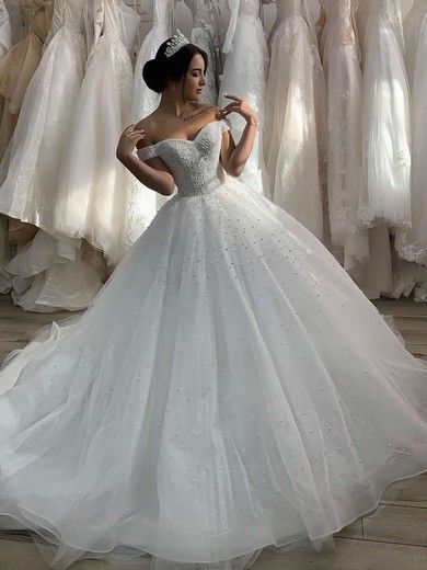 Ball Gown Off-the-shoulder Tulle Chapel Train Wedding Dresses With Pearl Detailing #Milly00023625