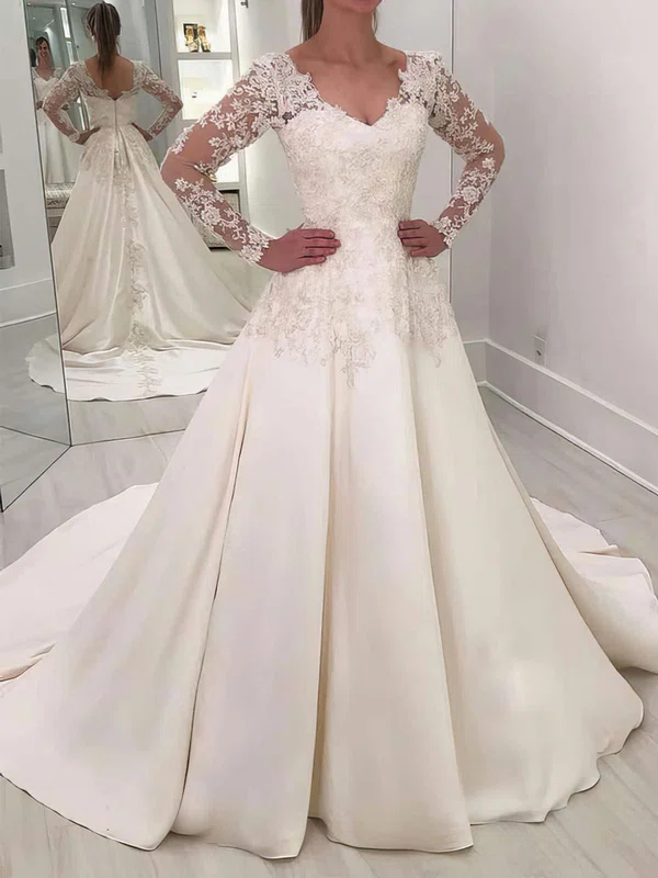 Ball Gown V-neck Satin Sweep Train Wedding Dresses With Appliques Lace #Milly00023626