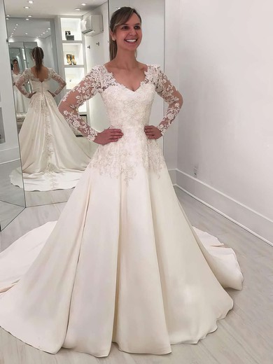 Ball Gown V-neck Satin Sweep Train Appliques Lace Wedding Dresses #Milly00023626