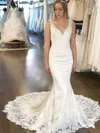 Trumpet/Mermaid V-neck Satin Court Train Wedding Dresses With Appliques Lace #Milly00023630