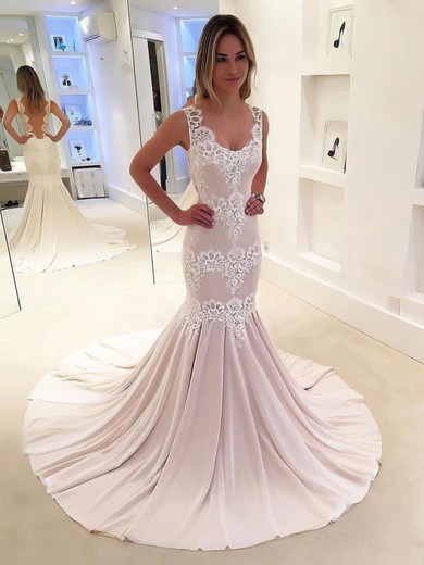 Trumpet/Mermaid V-neck Chiffon Sweep Train Wedding Dresses With Appliques Lace #Milly00023631