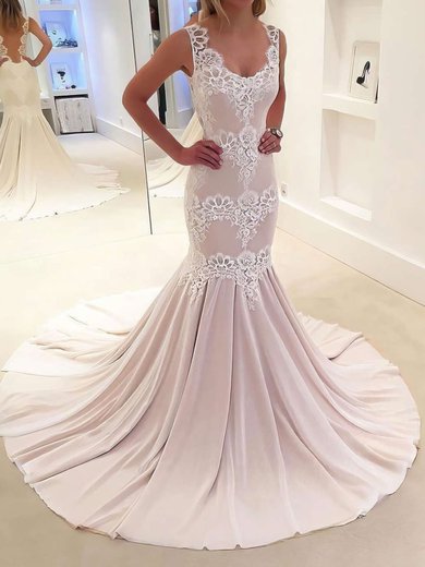 Trumpet/Mermaid V-neck Chiffon Sweep Train Wedding Dresses With Appliques Lace #Milly00023631