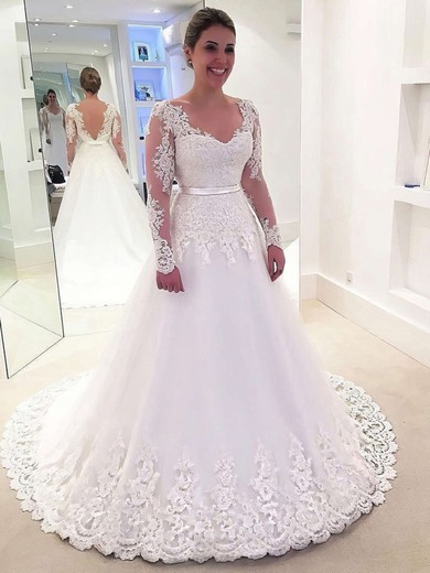 Ball Gown V-neck Tulle Sweep Train Wedding Dresses With Appliques Lace #Milly00023632